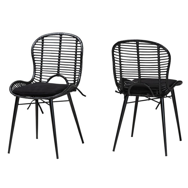 Bohemian Black Finished Rattan and Metal 2-Piece Dining Chair Set