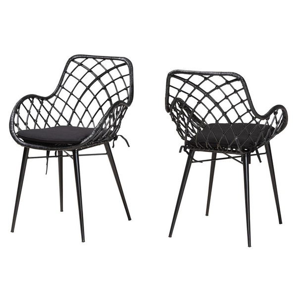 Bohemian Black Finished Rattan and Metal 2-Piece Dining Chair Set