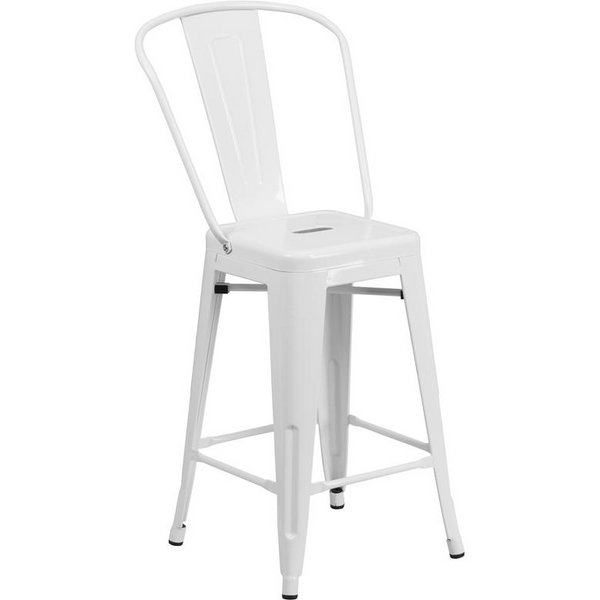 24" High White Metal Indoor-Outdoor Counter Height Stool with Removable Back