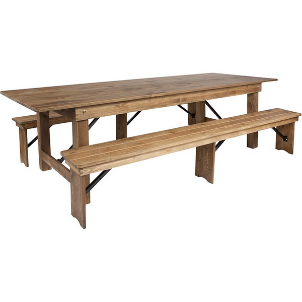 9' x 40'' Antique Rustic Folding Farm Table and Two Bench Set - Perfect for Dining and Events