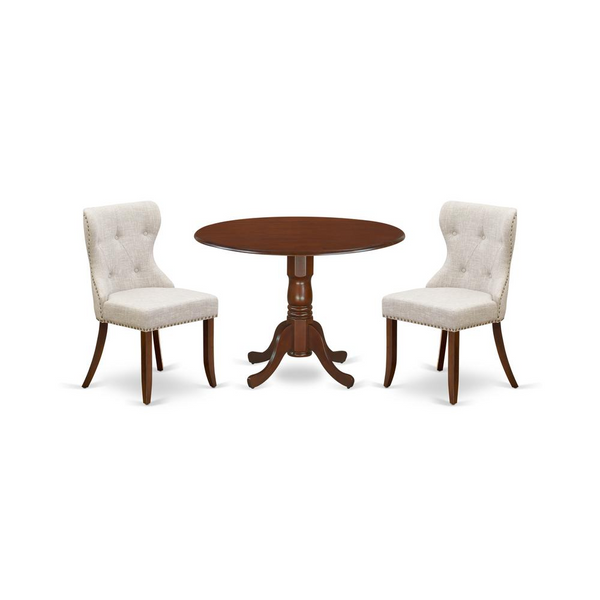 East-West Furniture Mahogany Pedestal Dining Table Set with Linen Fabric Chairs - Drop-Leaf Design