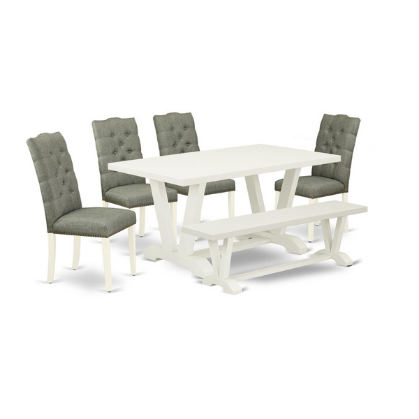 East West Furniture 6-Pc Dinette Table Set - Smoke Color Linen Fabric Seat and Button Tufted Chair Back Parson Dining Chairs, Rectangular Bench and Top Dining Room Table with Solid Wood Legs