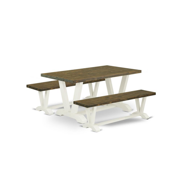 East West Furniture 3 Piece Dining Table Set - Distressed Jacobean Table & Mid Century Modern Benches - Linen White Finish