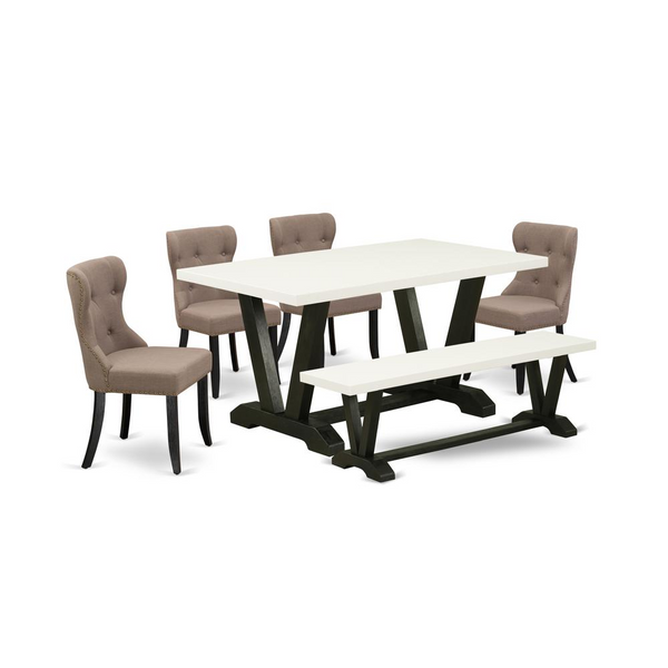 East West Furniture 6-Pc Dinette Set with Coffee Linen Fabric Chairs, Dining Bench, and Rectangular Table - Linen White & Wirebrushed Black