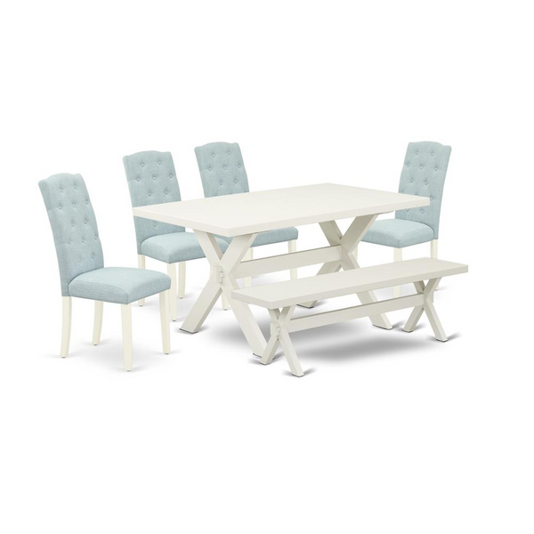 East West Furniture 6-Piece Dining Set - Baby Blue Linen Fabric Seats, Button Tufted Backs, Rectangular Bench, and Table - Linen White Hardwood Legs