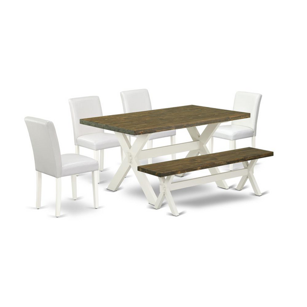 East West Furniture 6-Piece Dining Set - Rectangular Table, Bench, 4 PU Leather Parson Chairs - Distressed Jacobean Finish