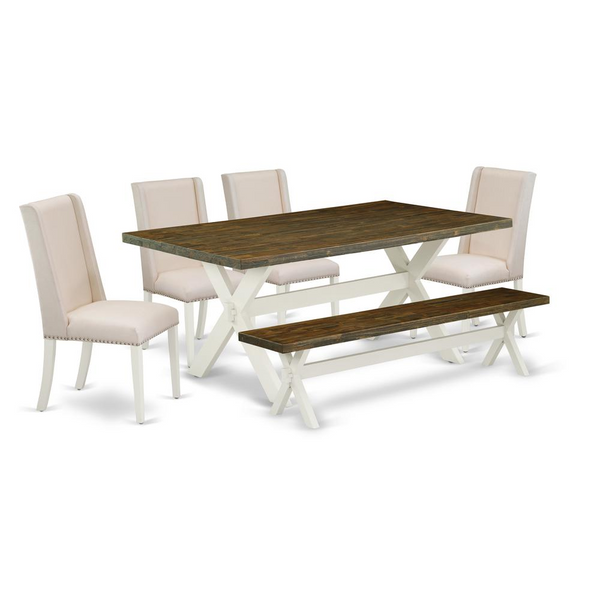 East West Furniture 6-Piece Dining Table Set with Cream Linen Fabric Seat and Stylish High Back Chairs, Rectangular Bench, and Distressed Jacob Rectangular Top Table with Hardwood Legs