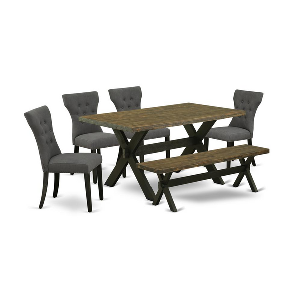 East West Furniture 6-Pc Dining Set - Dark Gotham Grey Linen Chairs, Rectangular Bench & Table