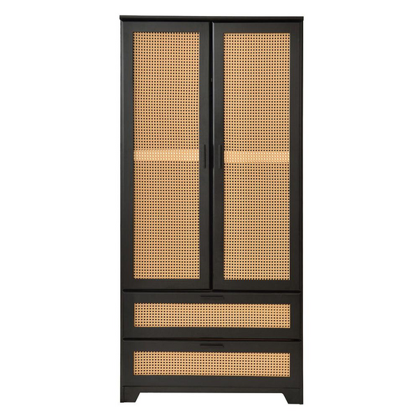 Stylish Pine Wood Closet with Rattan Doors and Two Drawers for Easy Access