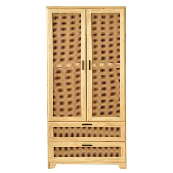 Stylish Pine Wood Closet with Rattan Doors and Two Drawers for Easy Access