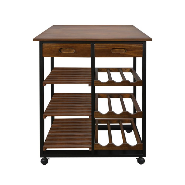 Solid Wood 28" Wide Rolling Kitchen Island Trolley with Wine Rack and Drawer - Elevate Your Wine Experience