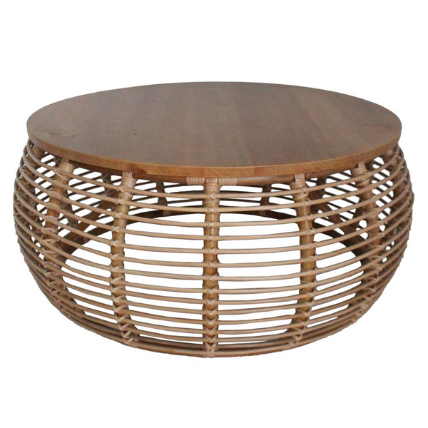 Iris Rattan Round Coffee Table - Modern Tropical Design, Solid Mindi Wood, Fully Assembled