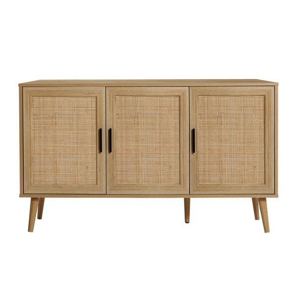 47.2" Wide 3-Door Rattan Light Oak Finish Wood Sideboard Cabinet - Stylish & Spacious Storage Solution