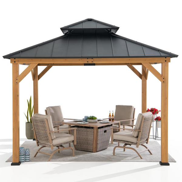 Wood Gazebo with 2-tier Metal Roof, Black | Sunjoy