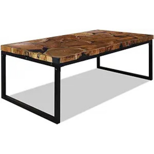 Teak Resin Coffee Table with Steel Frame - Rustic Charm