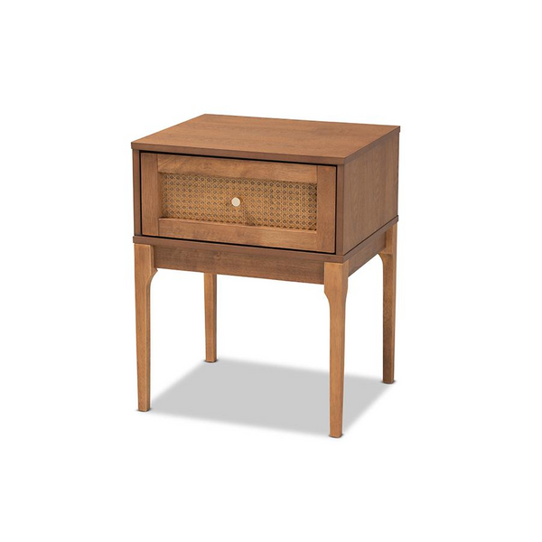 Ash Walnut Finished Wood and Rattan 1-Drawer Nightstand - Mid-Century Modern Bedside Table