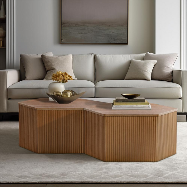 Fluted Hexagon Coffee Table - Modern Wood Veneer Accent Table