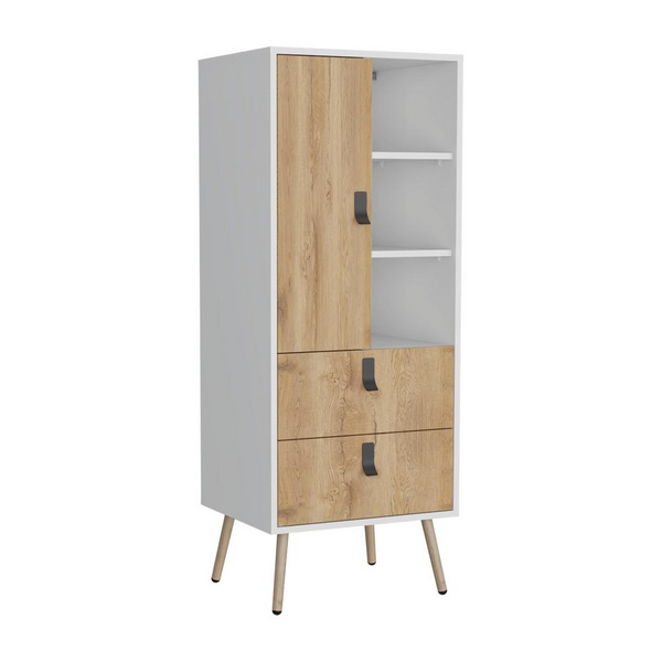 Elegant White-Macadamia Bedroom Dresser with 3 Shelves, 2 Drawers, and 1 Door - Stylish Storage Solution