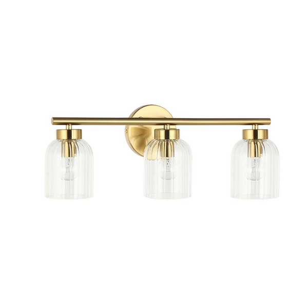 Elegant 3LT Vanity Light in Aged Brass with Clear Ribbed Glass – Perfect for Bathrooms & Spas