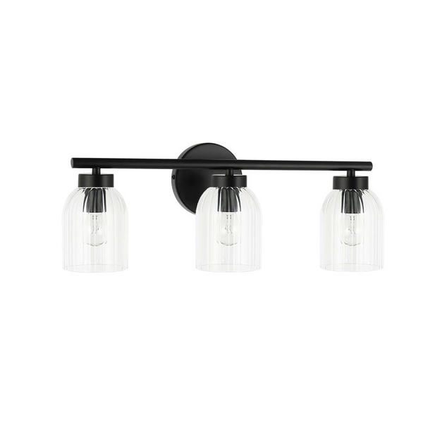 3-Light Vanity Light in Matte Black with Clear Ribbed Glass - Dimmable & LED Compatible