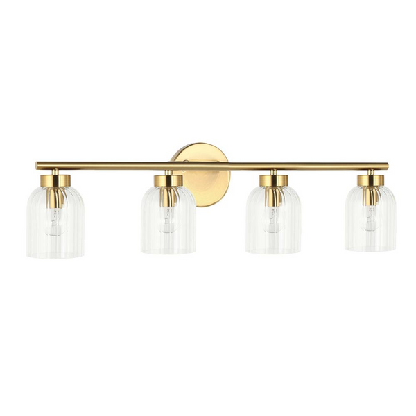 4-Light Vanity Fixture in Aged Brass with Clear Ribbed Glass – Dimmable, LED Compatible