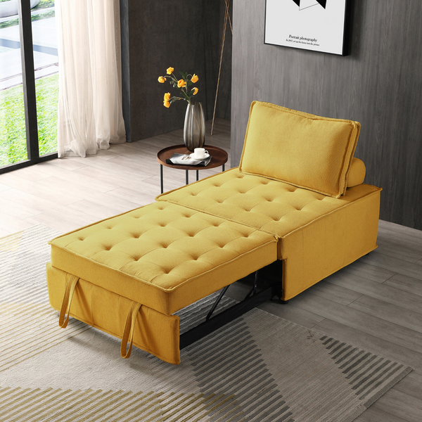 Multipurpose Linen Fabric Ottoman Lazy Sofa Pulling Out Sofa Bed (Yellow)