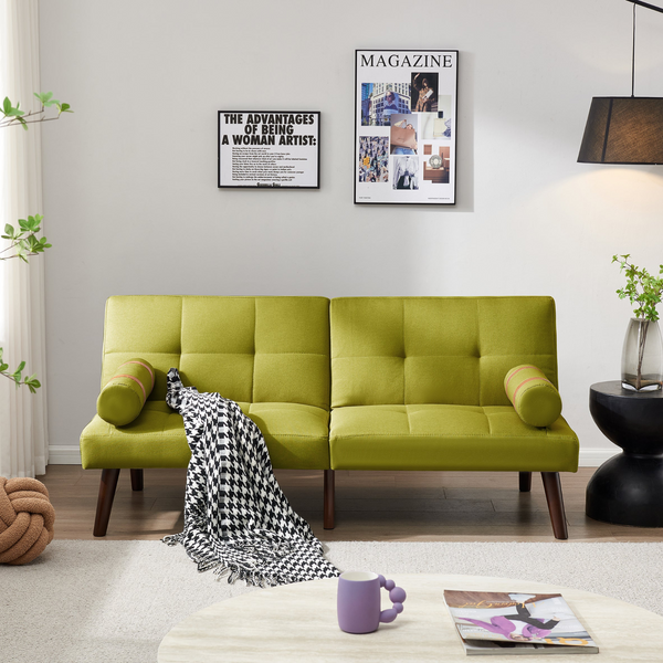 Convertible Sofa Bed Futon with Solid Wood Legs | Linen Fabric | Mustard Green