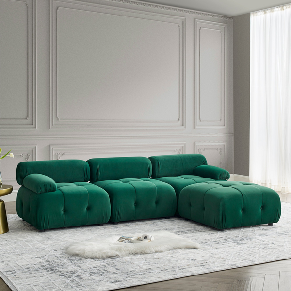 Modular Sectional Sofa, Button Tufted Design, L Shaped Couch with Reversible Ottoman - Green Velvet