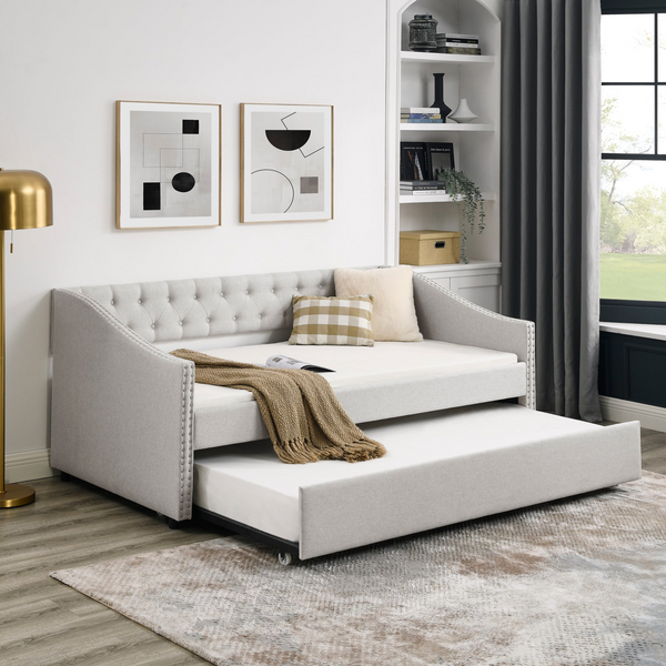 Twin Size Daybed with Twin Size Trundle Upholstered Tufted Sofa Bed, Beige (80.5"x41"x30.5")