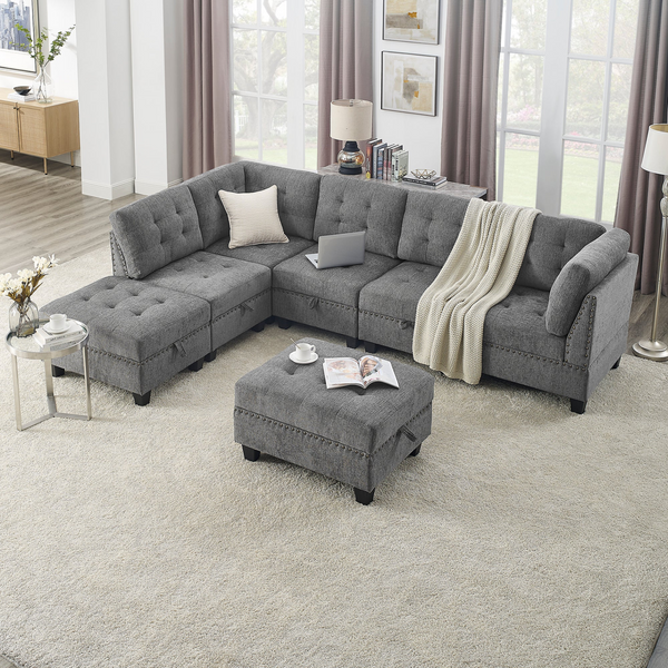 L Shape Modular Sectional Sofa - DIY Combination with Three Single Chairs, Two Corners, and Two Ottomans - Grey Chenille