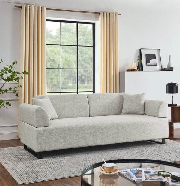 Linen Fabric 3 Seat Sofa with End Tables and Pillows - Modern Style Upholstered Couch for Living Room