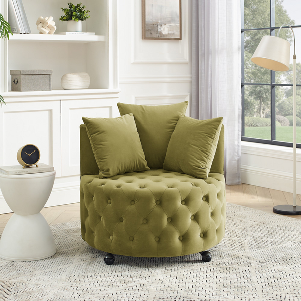 Velvet Upholstered Swivel Chair for Living Room, Button Tufted Design, Movable Wheels, 3 Pillows, Khaki Green