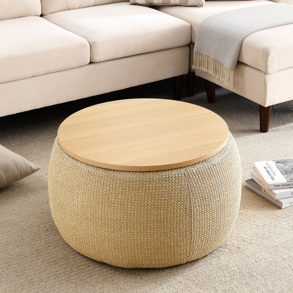 Round Storage Ottoman, 2 in 1 Function, Natural | Shop Now