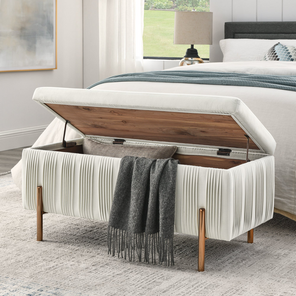 Elegant Upholstered Velvet Storage Bench with Cedar Wood Veneer - Beige