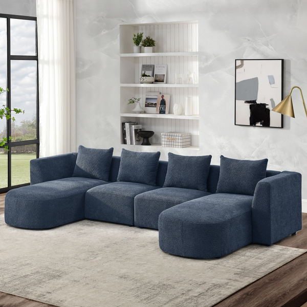 U Shape Modular Sectional Sofa with Two Single Seats and Two Chaises, DIY Combination, Loop Yarn Fabric, Navy