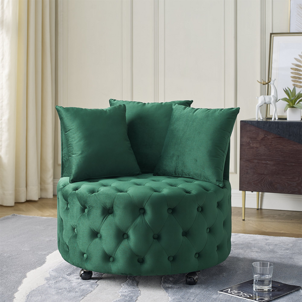 Velvet Upholstered Swivel Chair for Living Room | Button Tufted Design, Movable Wheels | Includes 3 Pillows | Green