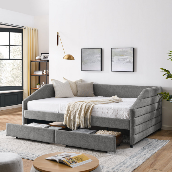 Queen Size Daybed with Two Drawers Trundle Upholstered Sofa Bed, Grey