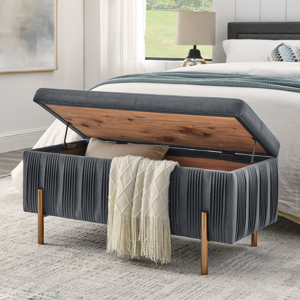 Elegant Upholstered Velvet Storage Bench with Cedar Wood Veneer, Large Storage Ottoman