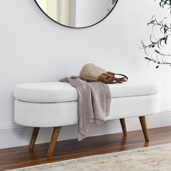 Elegant Ottoman Oval Storage Bench with Rubber Wood Legs, White (43.5"x16"x16") - Perfect for Home Decor