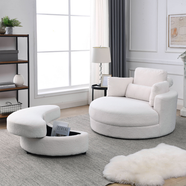 Swivel Accent Barrel Modern Sofa Lounge Club Big Round Chair with Storage Ottoman Linen Fabric for Living Room Hotel with Pillows,Teddy White (Ivory)