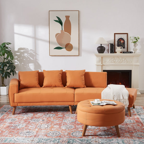 107" Contemporary Sofa Stylish Sofa Couch with Round Storage Ottoman and Three Removable Pillows - Orange