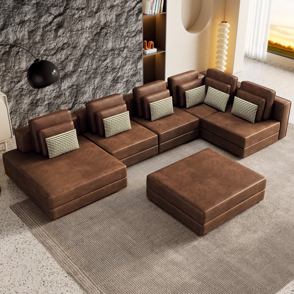 112.7" Modular Sectional Sofa Corner Sofa Chaise Lounge with Movable Ottoman, Brown - Elegant and Versatile