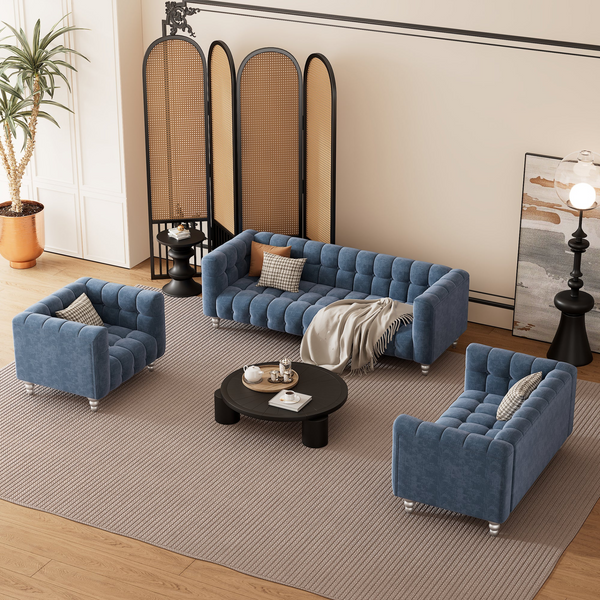 Modern 3-Piece Sofa Set with Solid Wood Legs, Buttoned Tufted Backrest, Dutch Fleece Upholstered Sofa Set - Blue