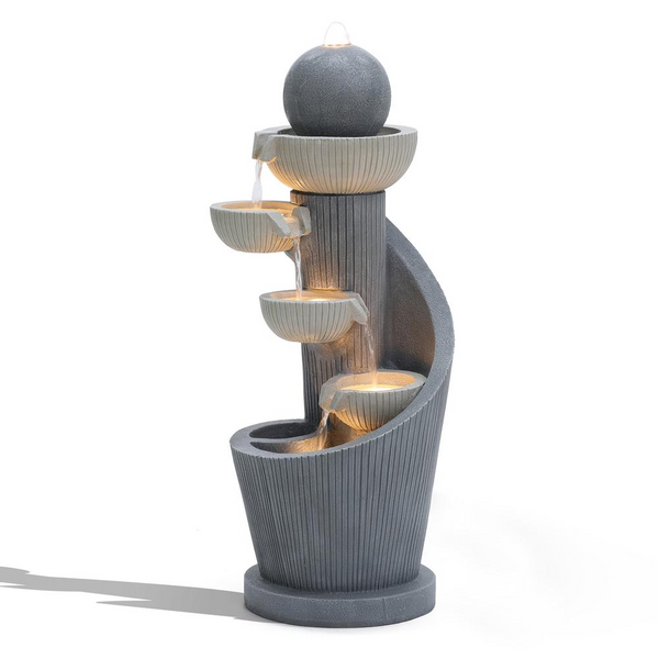 Gray Resin Spiral Sculpture with Bubbler 5-Tier Outdoor Fountain with Lights