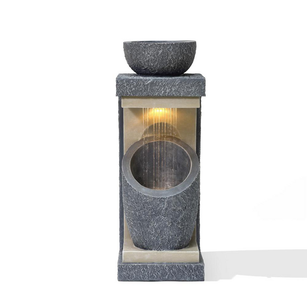 Gray Resin Column and Bowl Sculpture Outdoor Fountain with Lights - Modern Water Feature with LED Lights and Planter