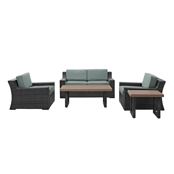 Beaufort 5Pc Outdoor Wicker Conversation Set Mist/Brown - Loveseat, Coffee Table, Side Table, & 2 Chairs