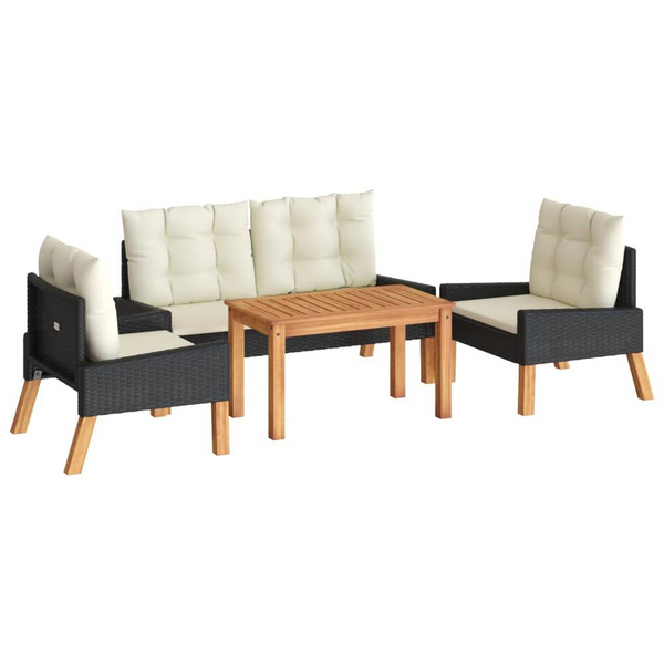 4 Piece Patio Lounge Set with Cushions | Poly Rattan and Solid Wood