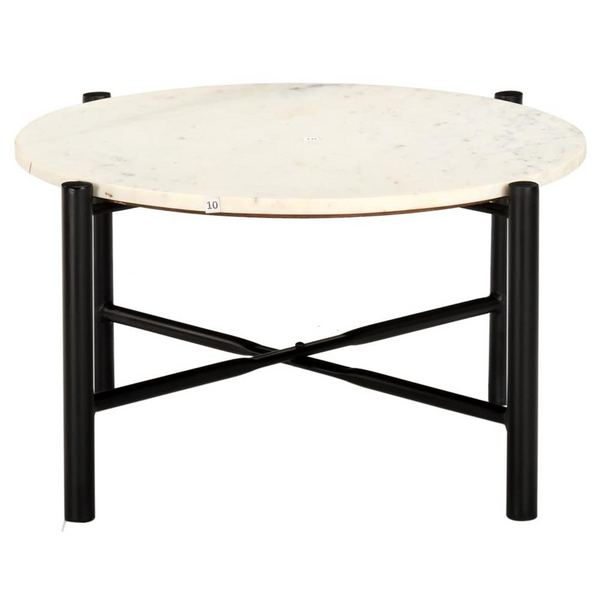 Modern White Coffee Table 23.6"x23.6"x13.8" - Real Stone with Marble Texture, Powder-Coated Iron Frame