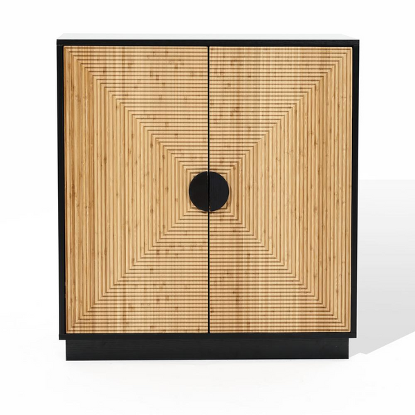 Modern Boho 2-Door Black Accent Cabinet with Bamboo Strips