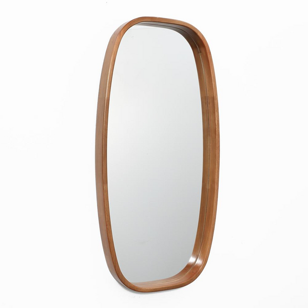 Elegant Natural Rubberwood Frame Rounded Rectangle Wall Mirror for Modern Homes